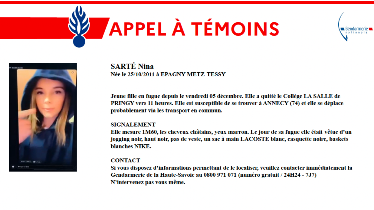 Appel à témoins : avez-vous vu Nina, une ado en fugue à Annecy ? Appel à témoins : avez-vous vu Nina, une ado en fugue à Annecy ?