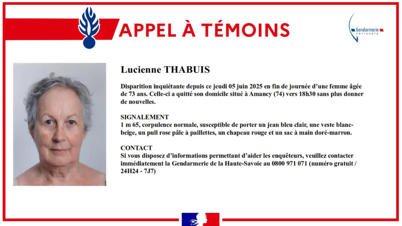Haute-Savoie : Disparition inquiétante d'une femme de 73 ans Haute-Savoie : Disparition inquiétante d'une femme de 73 ans