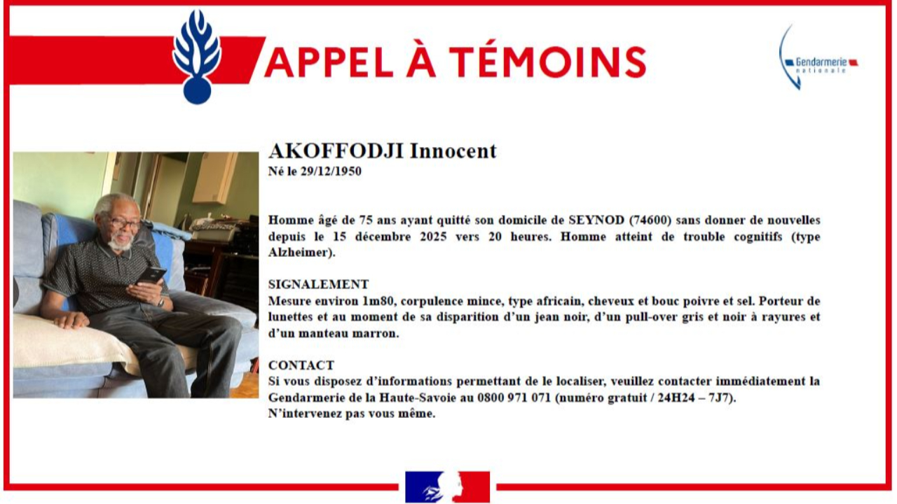 Seynod : fin de l'appel à témoin pour un homme de 75 ans Seynod : fin de l'appel à témoin pour un homme de 75 ans